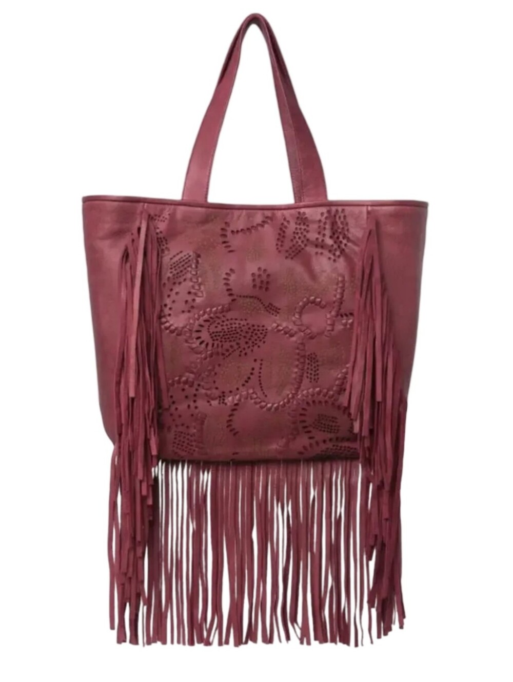 Frye Western Fringed Floral Perforated Leather Vivian Brick Tote Burgundy New